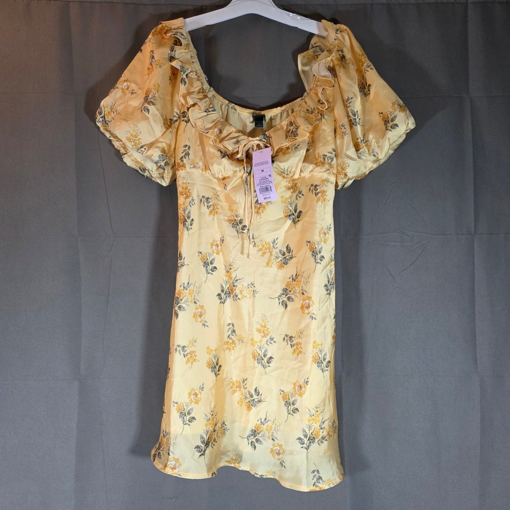 Wild Fable Yellow Floral Puff Sleeve Mini Dress Ruffle Neck Satin Feel‎ NWT M